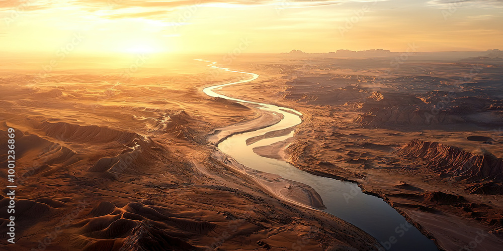Poster a desert landscape with a river running through it