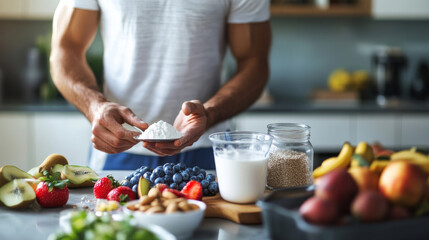 Man Preparing Healthy Snack with Protein and Fruits