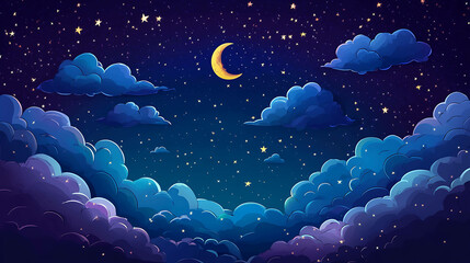 A starry night sky with a crescent moon and fluffy clouds.