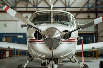 Small private airplane is standing inside an airplane hangar