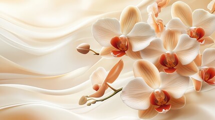 A soft, elegant arrangement of light-colored orchids on a smooth, flowing background, evoking tranquility and natural beauty.