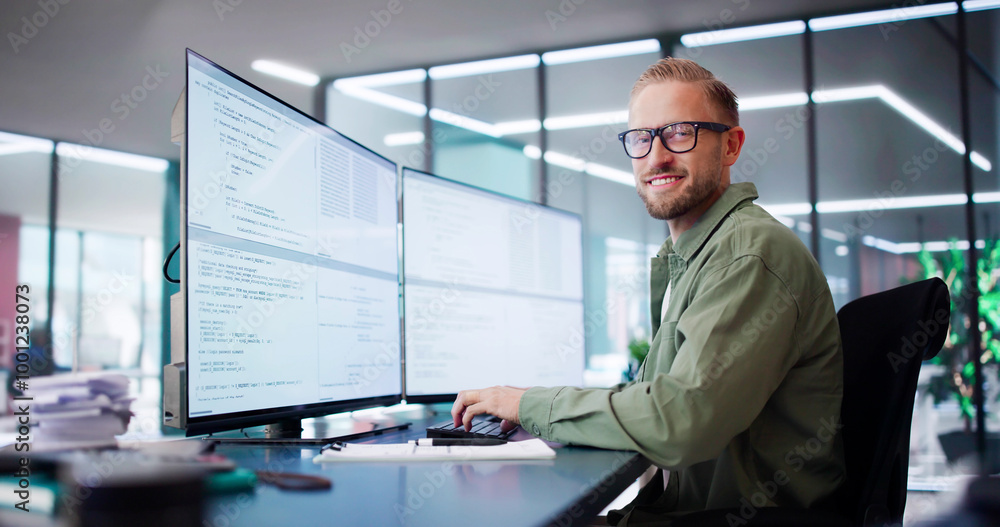 Fototapete Computer Programmer Writing Program Code On Computer