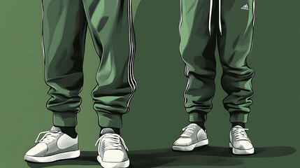 Fototapeta premium Illustration of legs wearing green sweatpants and white sneakers with black stripes.