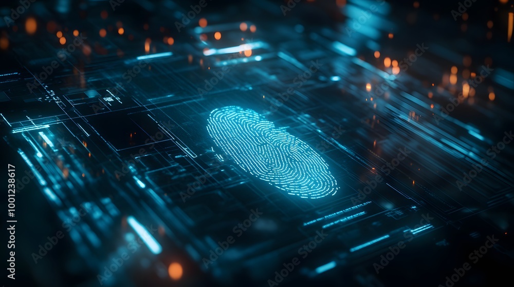Poster a blue and orange image of a fingerprint on a computer screen. the image is of a digital fingerprint