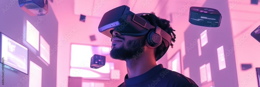 Aufkleber In a vibrant studio, a virtual reality designer immerses in their work, engaging with floating 3D objects while wearing a VR headset