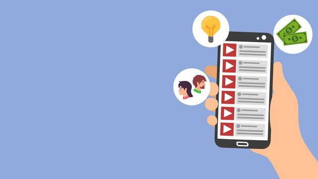 Animated Infographic to Monetize Video Content Footage with people as viewers, smartphones and money. Monetize content video and earn money from Online. People watching Video contents and make revenue