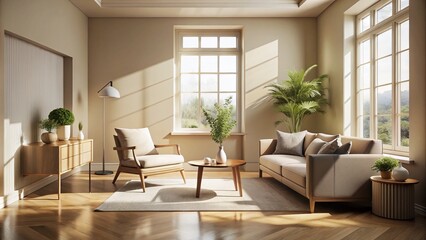 Fototapeta premium Softly focused interior space with warm beige walls, blurred furniture, and subtle natural light pouring in through a