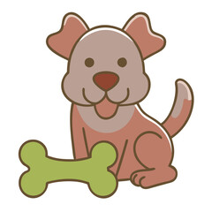 Obraz premium Cute Dog with Bone, Cartoon Style, Brown and Green Colors, Playful Pet Illustration