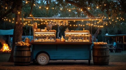 Cozy outdoor s'mores cart with warm lights and firepit at sunset