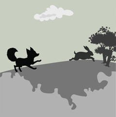 Rabbit and fox.  Silhouette landscape scene. Vector illustration.