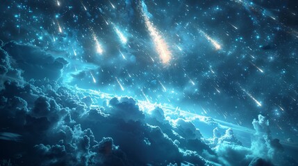 Fototapeta premium A blue sky with a lot of clouds and a few shooting stars