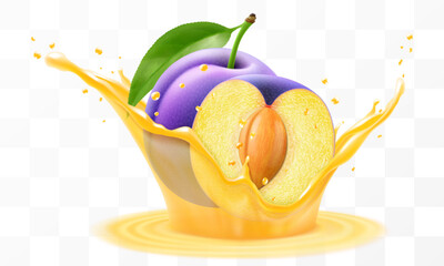 Plum juice. Fresh ripe plum falls into a splash of juice, isolated on transparent background. Realistic 3d vector illustration. Summer vitamin food and drink. Plum smoothie splash, vitamin cocktail