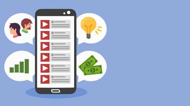 Animated Infographic to Monetize Video Content Footage with people as viewers, smartphones and money. Monetize content video and earn money from Online. People watching Video contents and make revenue