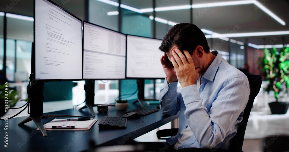 Poster Unhappy Sad Developer Programmer Man In Stress Coding Software