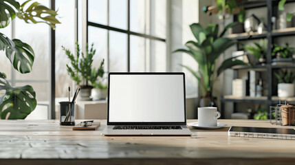 Fototapeta premium A laptop sits on a wooden desk in front of a window with plants
