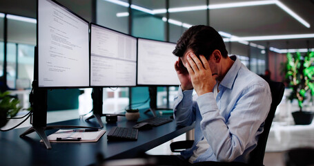 Unhappy Sad Developer Programmer Man In Stress Coding Software
