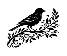 bird on a branch vector silhouette illustration. black and white tattoo