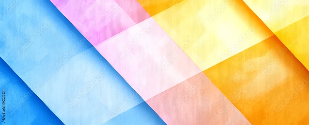 Poster with a background of purple blue and orange colors and contemporary shapes of triangles, squares, an