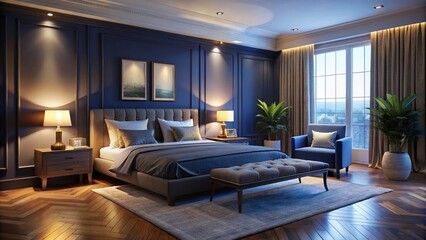 Fototapeta premium Softly lit, serene night bedroom background with dark blue walls, elegant furniture, and subtle lighting, evoking a
