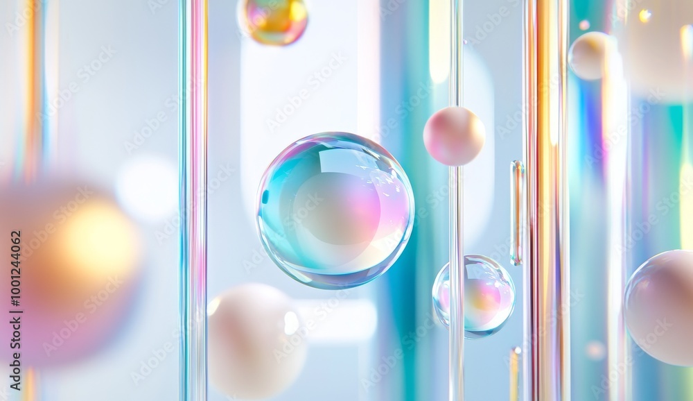 Poster an abstract 3d render of flying geometric shapes surrounded by transparent glass cylinders and tubes
