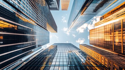 Low angle view of skyscrapers reaching for the sky in a city.