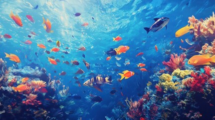 Vibrant Underwater Coral Reef with Colorful Tropical Fish