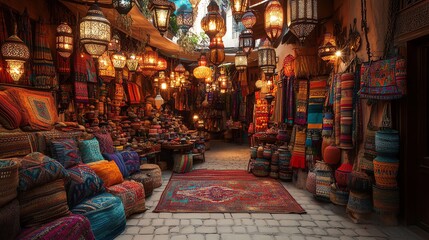 A narrow street lined with vibrant fabrics and hanging lanterns in an oriental marketplace.