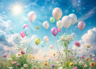Soft pastel-colored balloons float against a bright blue sky with fluffy white clouds, surrounded by delicate flowers