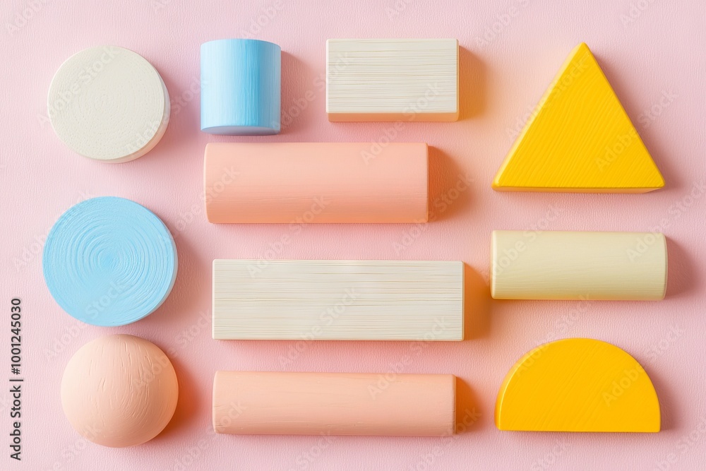 Poster colorful geometric cube or block toy set on pink background with copy space. abstract pattern compos