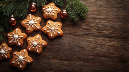 Christmas cookies with sugar icing lie on a wooden background, against the background of fir branches and Christmas decorations