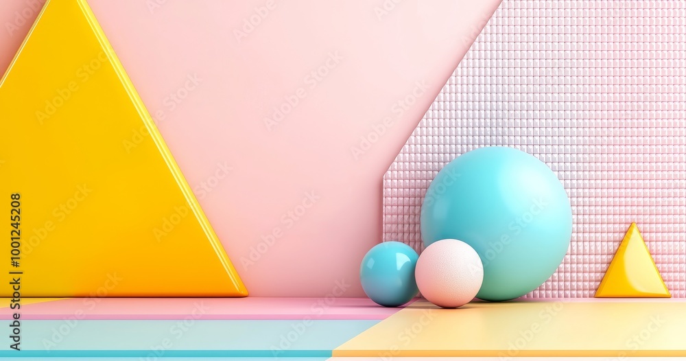 Poster the background is layered with geometric shapes in colorful shapes and textures, such as squares, ci