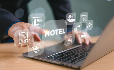 Hotel service investment icon concept. Digital network business technology solution. Fintech plan stock market. Businessman use computer, Property Management System. Apartment hospitality software
