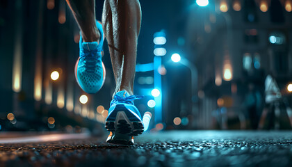 Close-up of male runner s legs in motion on an illuminated street. Detailed view of athlete s running legs at night. Concept of fitness, urban exercise, sports training, nighttime activity