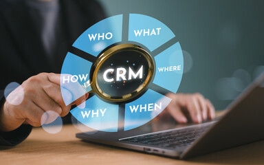 CRM Customer Relationship Management concept. Client engagement solution technology. Businessman using CRM software to analysis business marketing. Customer management strategy. Personal data analytic