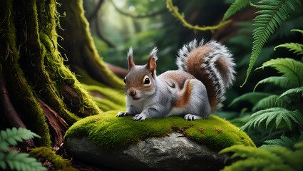 This beautiful photograph features a charming squirrel resting on a moss-covered rock in a serene forest setting.