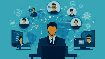 A businessman working on his computer and connected to other people via video conference.