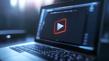 Close up of a laptop screen with glowing red YouTube icon.