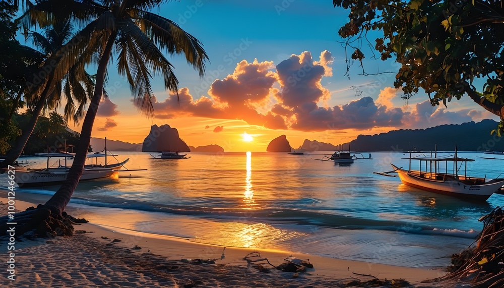 Wall mural serene evening sunset over Boracay island beach with vibrant skies reflecting on tranquil ocean waters