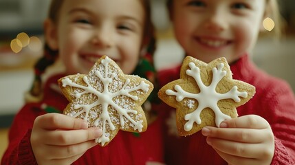 smiling children showing christmas snowflake cookies with sugar icing