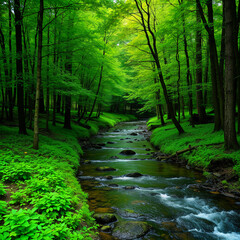 Obraz premium Stream flowing through lush green forest creating a peaceful atmosphere