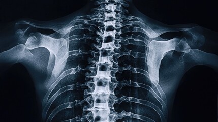 Detailed X-ray of a human spine and ribcage with organs visible, showcasing modern medical imaging technology for diagnostics and treatment planning