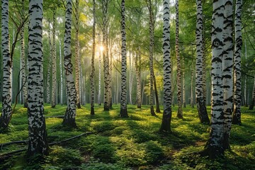 Obraz premium Serene birch forest with tall white bark trees surrounded by lush greenery and peaceful foliage