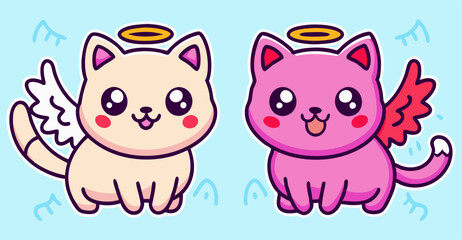 Naklejka premium Angel and devil little baby kitten, cute cartoon drawing. Simple kawaii doodle style illustration. 