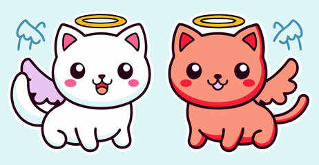 Angel and devil little baby kitten, cute cartoon drawing. Simple kawaii doodle style illustration.
