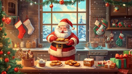 cartoon santa with christmas cookies in his kitchen