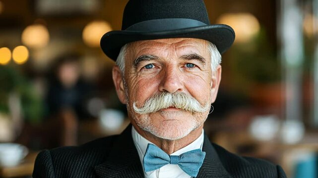 Elderly Caucasian man with handlebar mustache wearing a bowler hat and bow tie, perfect for Movember or vintage-themed events