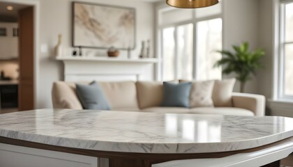 A marble countertop or table in the foreground, with a blurred living room scene featuring a couch and decorative elements.
