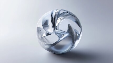 Organic ball with smooth curves and glass parts, abstract art in matte aluminum and glass with a dispersion effect. 