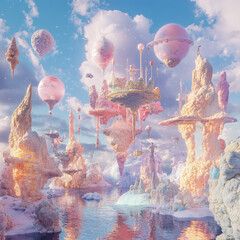 a surreal dreamscape, with floating islands, pastel colors, and abstract shapes, creating a whimsical and otherworldly atmosphere