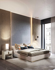 Modern luxury bedroom interior in minimal scandinavian style